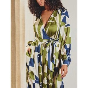 Dress Forum Los Angeles Long Sleeve Green & Blue Floral Maxi Wrap Dress Sz Small